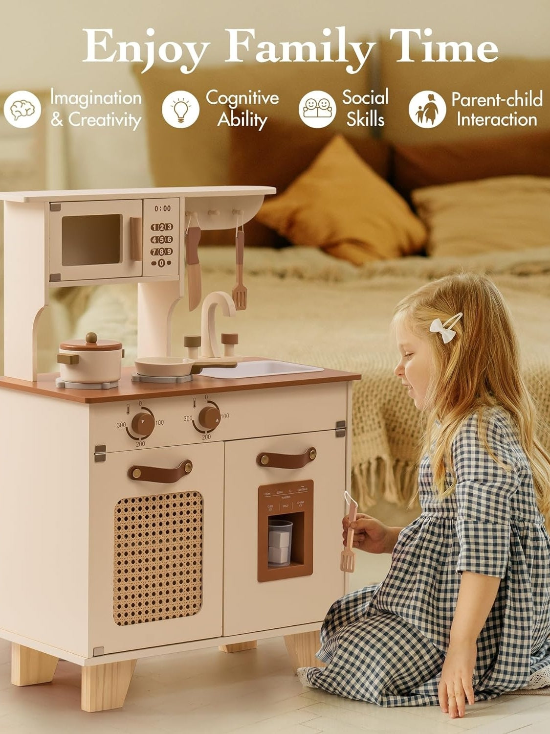 Wooden Play Kitchen With Pretend Ice Cube Dispenser