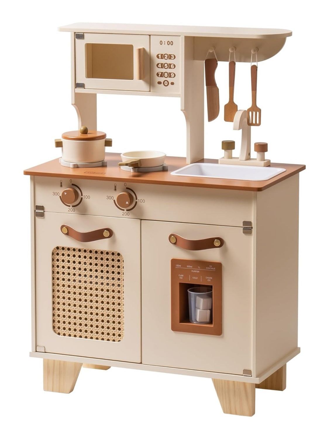 Wooden Play Kitchen With Pretend Ice Cube Dispenser