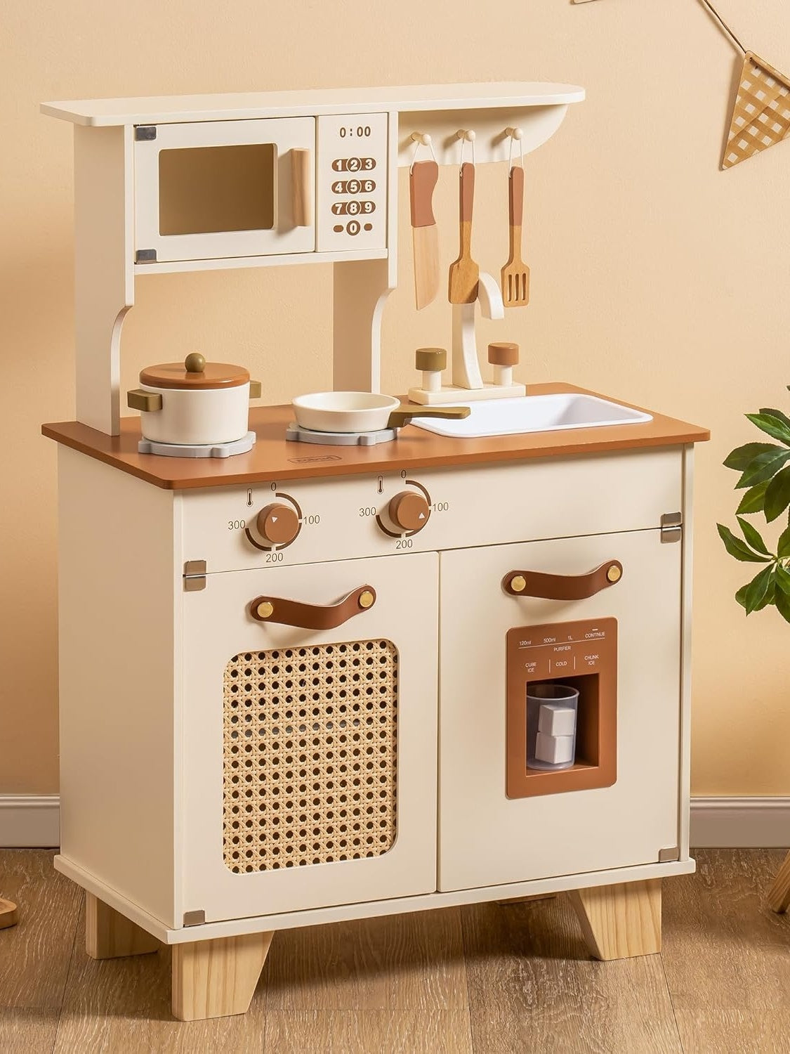 Wooden Play Kitchen With Pretend Ice Cube Dispenser