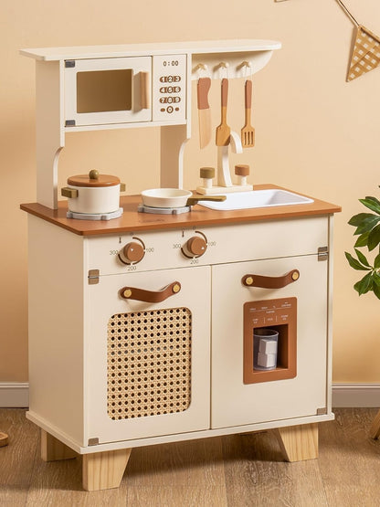 Wooden Play Kitchen With Pretend Ice Cube Dispenser