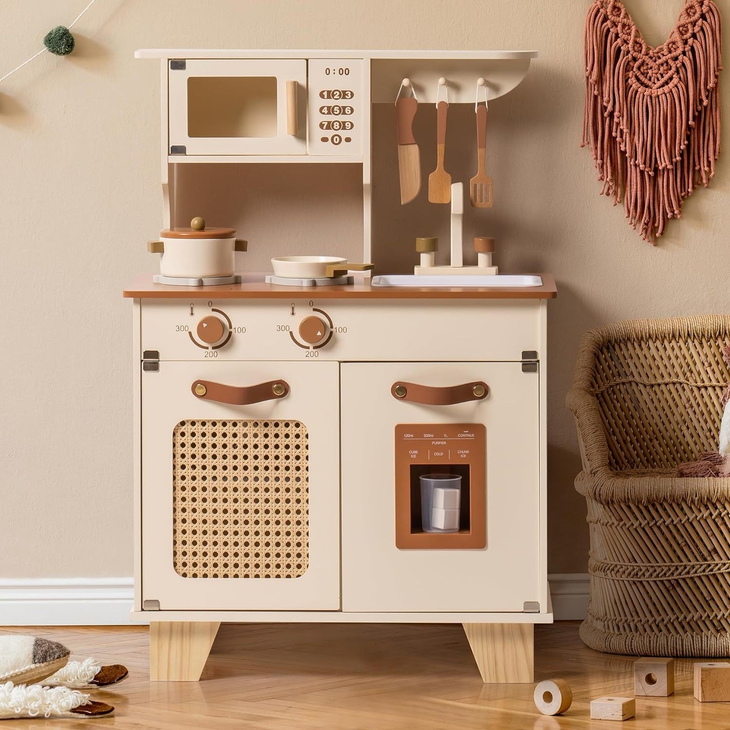 Wooden Play Kitchen With Pretend Ice Cube Dispenser