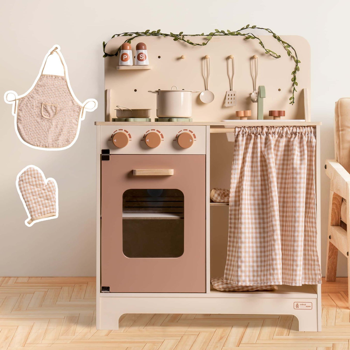Rustic Wooden Kids Play Kitchen Set